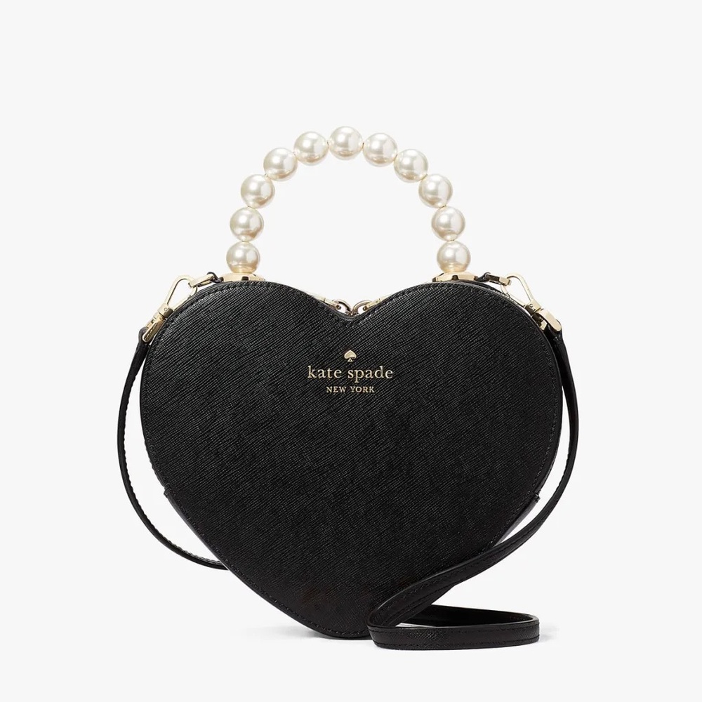 Kate Spade Love Shack Black Heart Handbag with Pearl Strap